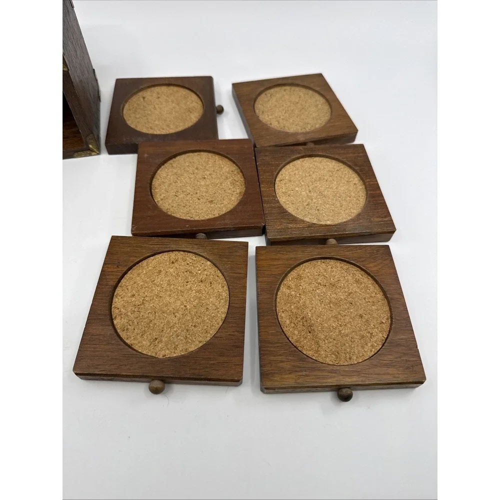Vintage MCM 6 Coasters Set Wood Metal Cork Mid Century Modern Stacking 4